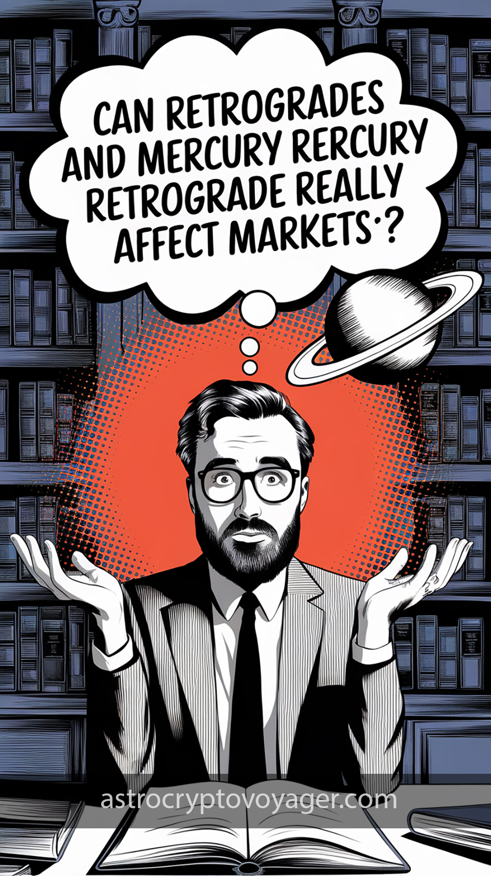 Comic book style, black and white with orange accents: Text on the image: "Can retrogrades and mercury retrograde really affect markets"